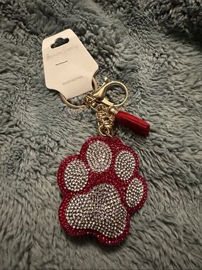 Rhinestone Paw Keychain Charm - Red
